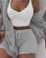 Three Piece Fashionable Ladies Fleece Loungewear Set Silver Grey