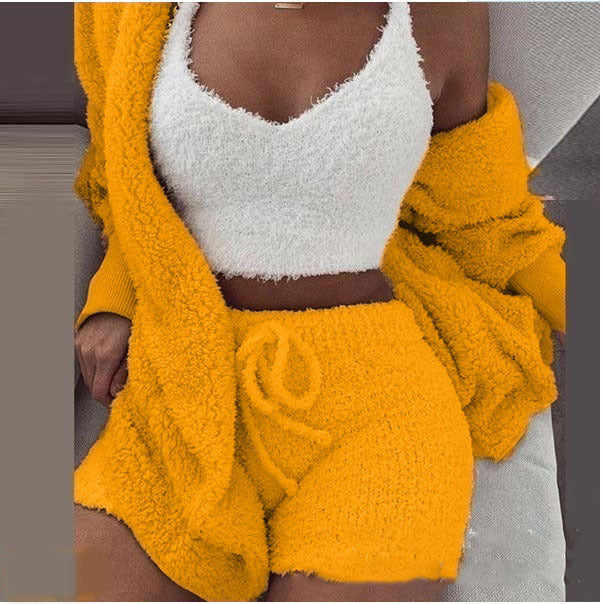 Three Piece Fashionable Ladies Fleece Loungewear Set Yellow