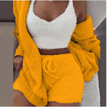 Three Piece Fashionable Ladies Fleece Loungewear Set Yellow