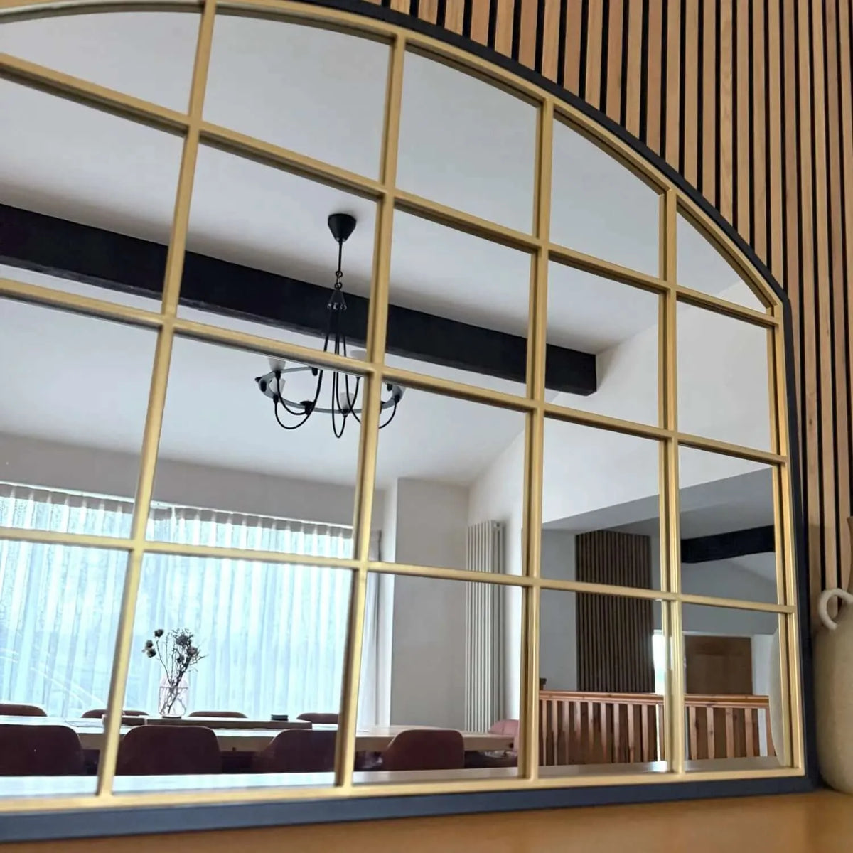 Tomi - Black & Gold Metal Arched Lattice Window Mirror - 95cm x 120cm