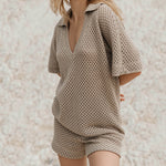 V-neck Casual Beachwear Summer Hollow Short Sleeve Shorts & Top Co-ord Set