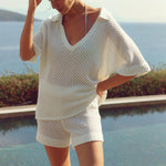 V-neck Casual Beachwear Summer Hollow Short Sleeve Shorts & Top Co-ord Set White