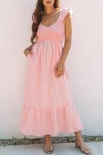 V Neck Flutter Sleeve Smocked Bodice High Waist Ruffle Maxi Dress