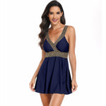 V-neck Printed Swimsuit Dress | Summer Beach Vacation | Beach Cover-Up Swimwear Navy Blue