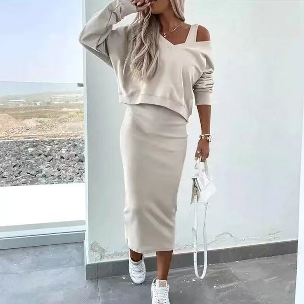 V-neck Strap Vest Hight Waisted Midi Skirt Sweatshirt Two Piece