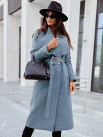 Women's Belted V-Neck Long-Sleeved Woolen Coat Blue