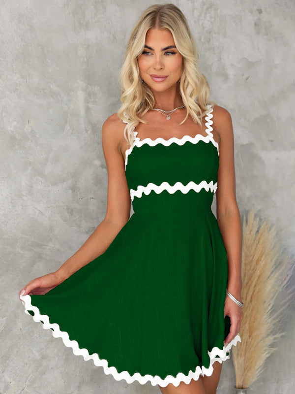 Wavy Strap Short Summer Dress Green