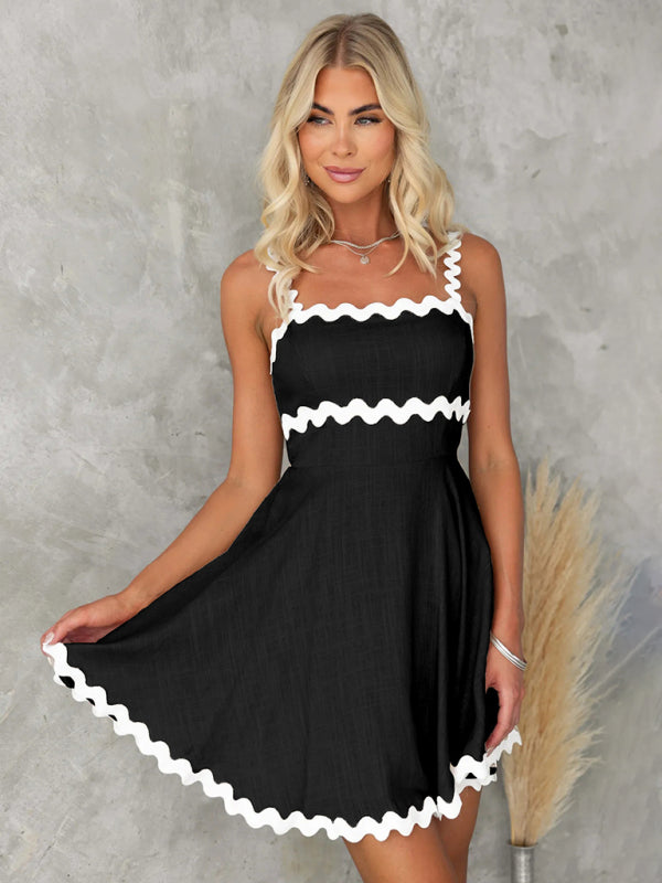 Wavy Strap Short Summer Dress Black