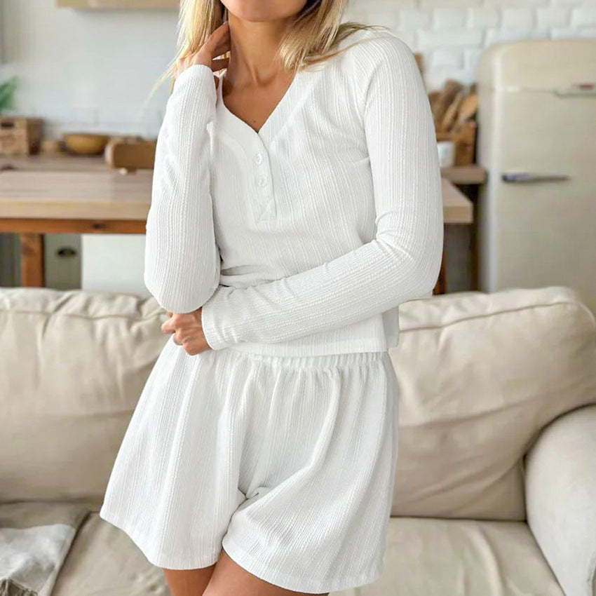 White Jacquard Long Sleeve Shorts & Top Loungewear Set White