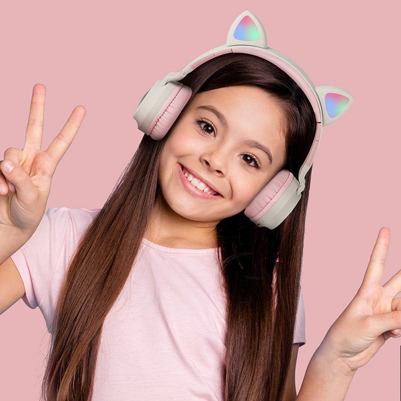 Wireless Cat Ear Bluetooth 5.0 Stereo Bass Headset LED Lights Earphone for Adults - Grey / Dark Blue