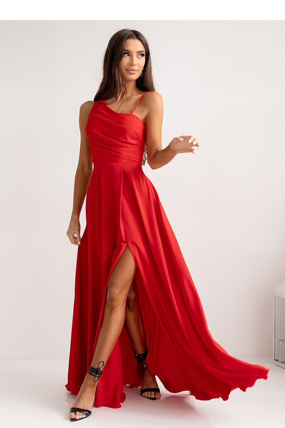 With You Asymmetrical Strap Long Dress with Braided Tie Back red