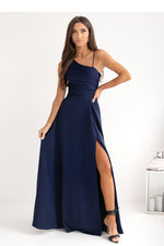 With You Asymmetrical Strap Long Dress with Braided Tie Back navy blue