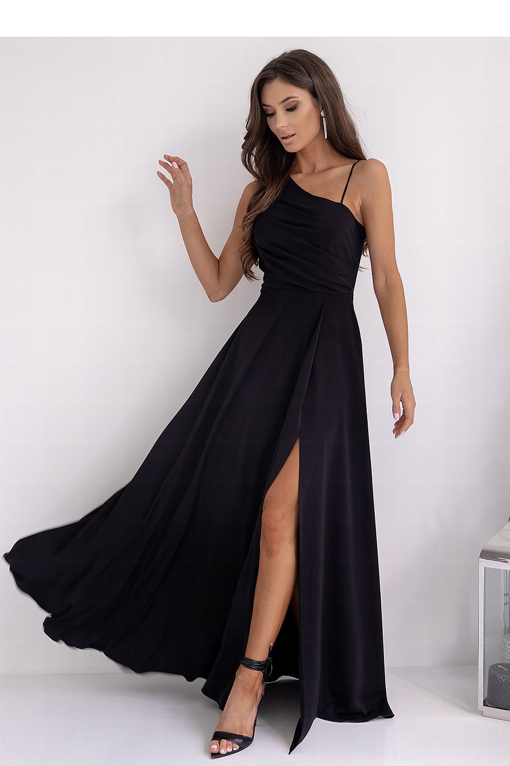 With You Asymmetrical Strap Long Dress with Braided Tie Back black