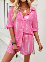 Women's Casual Fashion Lapel Short-sleeved Shorts & Top Co-ord Set Rose