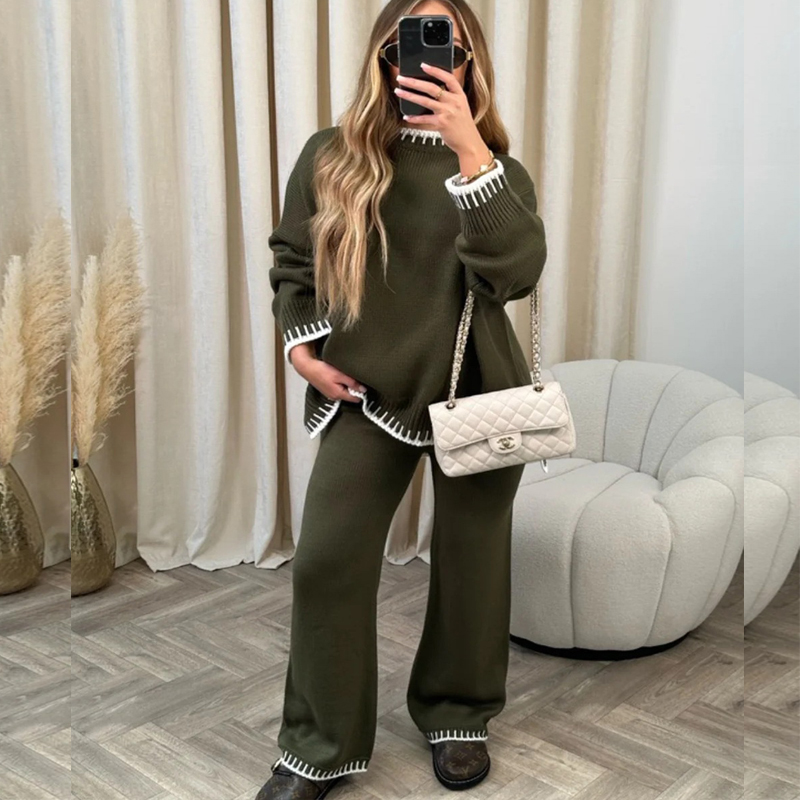 Women’s Casual Loose Two-Piece Loungewear Set with Long Sleeve Top and Trousers Green
