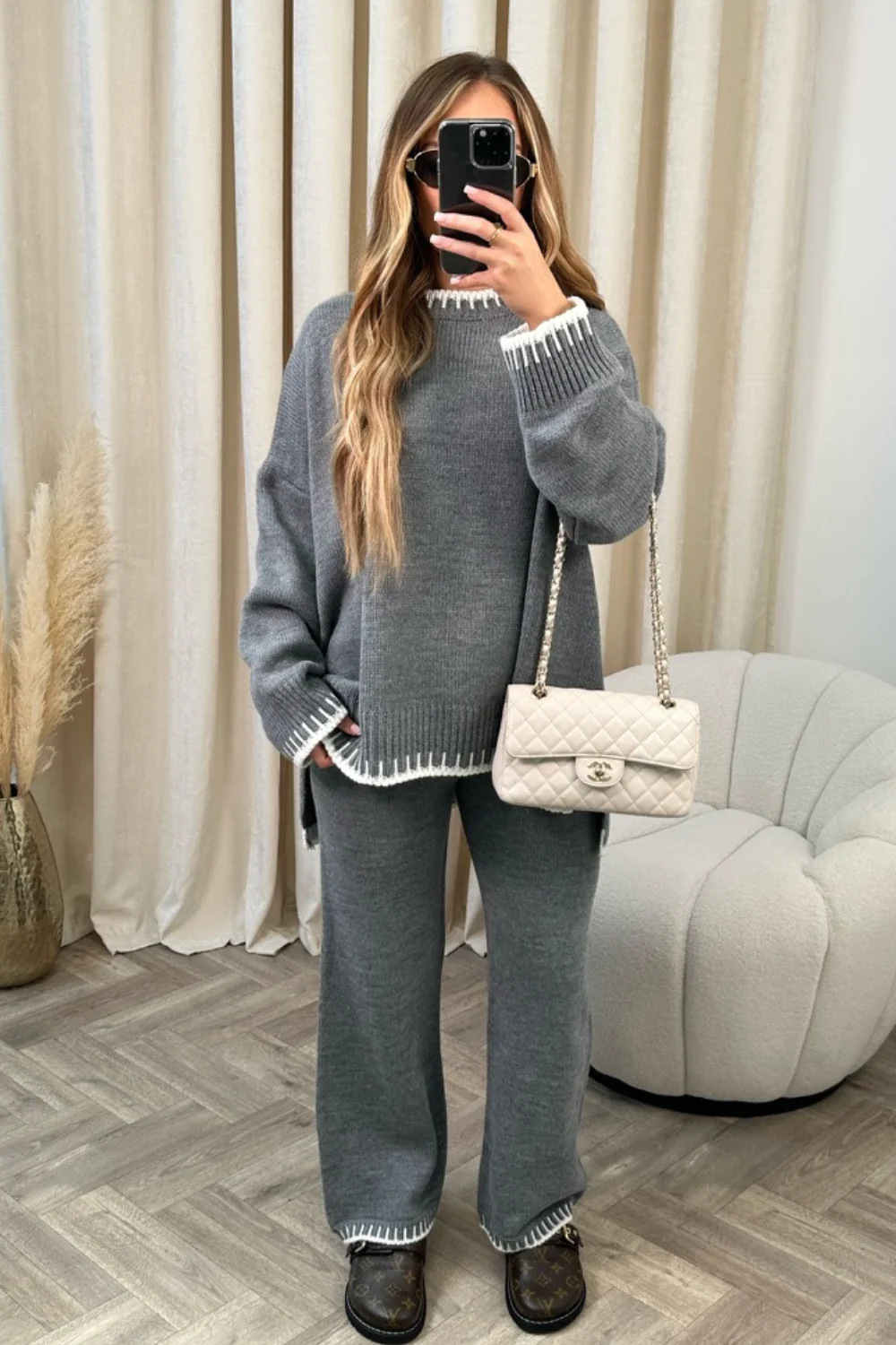 Women’s Casual Loose Two-Piece Loungewear Set with Long Sleeve Top and Trousers Gray