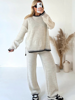 Women’s Casual Loose Two-Piece Loungewear Set with Long Sleeve Top and Trousers Beige