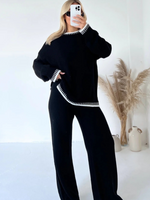 Women’s Casual Loose Two-Piece Loungewear Set with Long Sleeve Top and Trousers Black