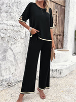 Women's Casual Short-sleeved Trousers Knitted Trouser & Top Co-ords Set Black
