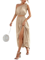 Women's Fashion Slanted Shoulder Bow Knot Top Two-Piece Skirt Top Co-ord Set Beige