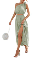 Women's Fashion Slanted Shoulder Bow Knot Top Two-Piece Skirt Top Co-ord Set