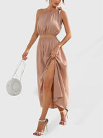 Women's Fashion Slanted Shoulder Bow Knot Top Two-Piece Skirt Top Co-ord Set Khaki