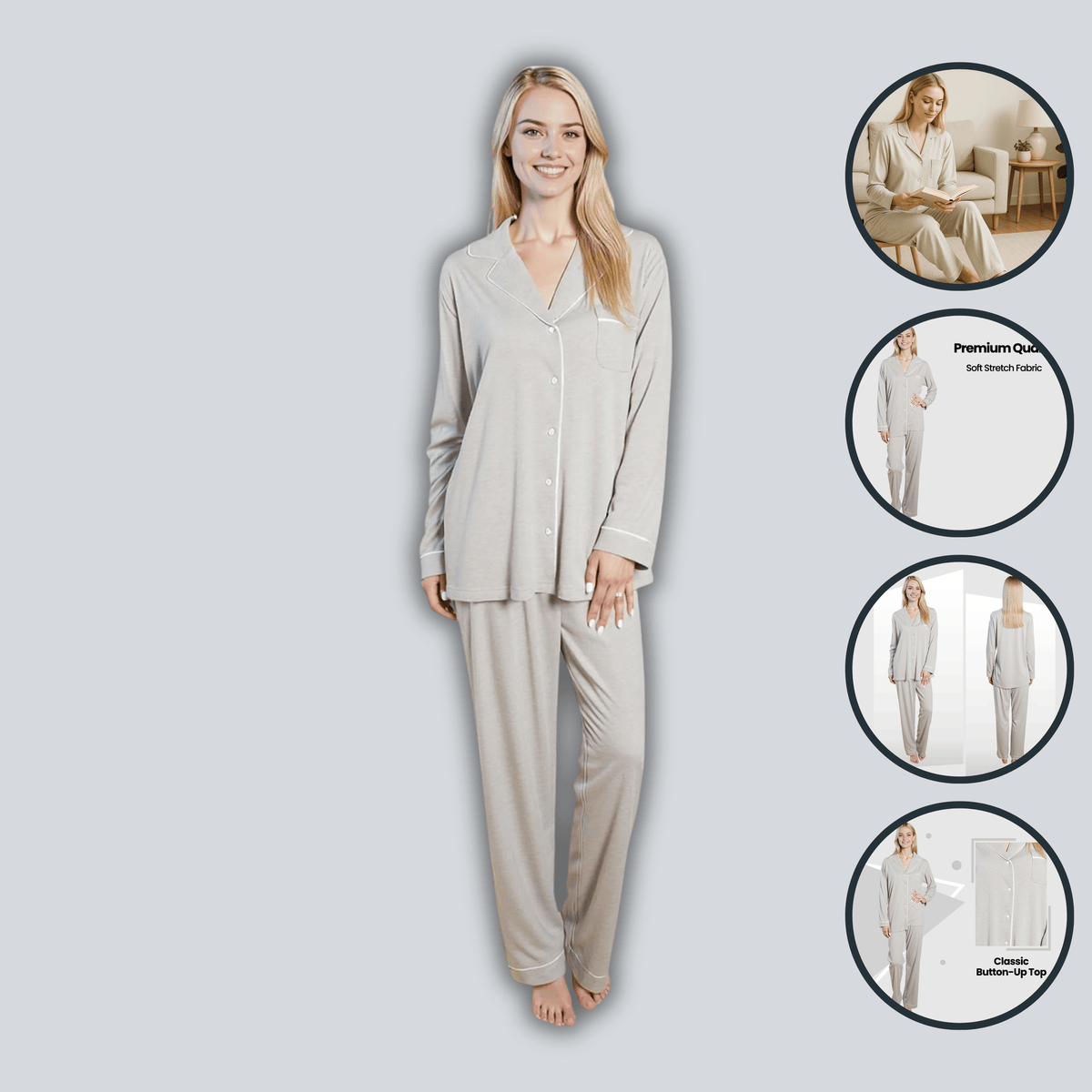 Daisy Dreamer Grey Pyjama Set - Soft Touch Button-Up Top & Bottoms