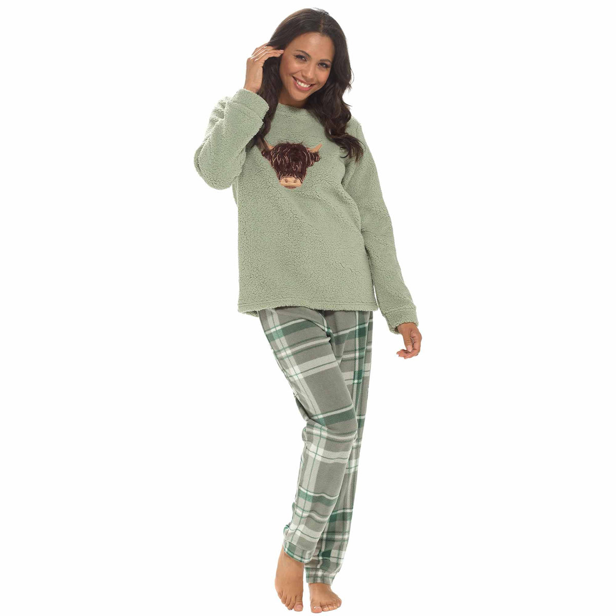 Daisy Dreamer Women's Highland Cow Warm Soft Fleece Pyjama Set Cosy Loungewear