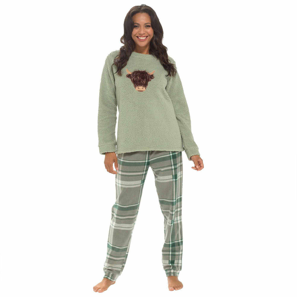 Daisy Dreamer Women's Highland Cow Warm Soft Fleece Pyjama Set Cosy Loungewear HIGHLAND COW