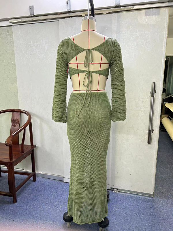 Women's Knitted Long Sleeve Boho Maxi Skirt Co-ord Set