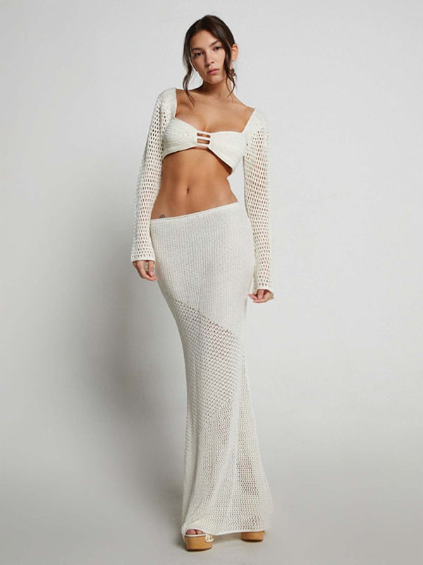 Women's Knitted Long Sleeve Boho Maxi Skirt Co-ord Set White