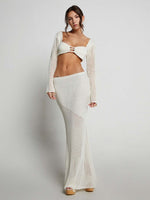 Women's Knitted Long Sleeve Boho Maxi Skirt Co-ord Set White