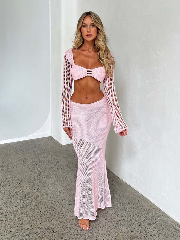Women's Knitted Long Sleeve Boho Maxi Skirt Co-ord Set