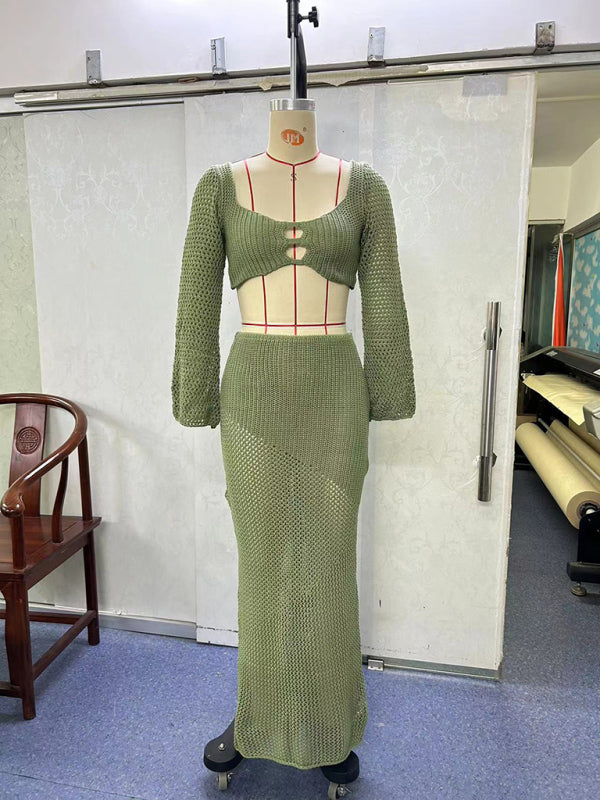 Women's Knitted Long Sleeve Boho Maxi Skirt Co-ord Set