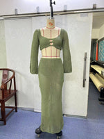 Women's Knitted Long Sleeve Boho Maxi Skirt Co-ord Set