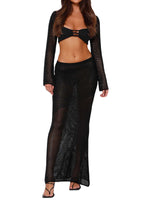 Women's Knitted Long Sleeve Boho Maxi Skirt Co-ord Set Black