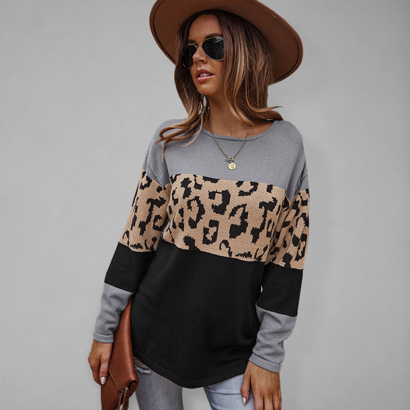 Women's Leopard Print Sweater Long Sleeve Soft Warm Top Jumper Grey
