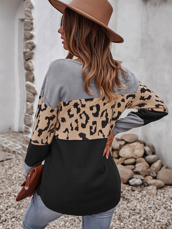 Women's Leopard Print Sweater Long Sleeve Soft Warm Top Jumper
