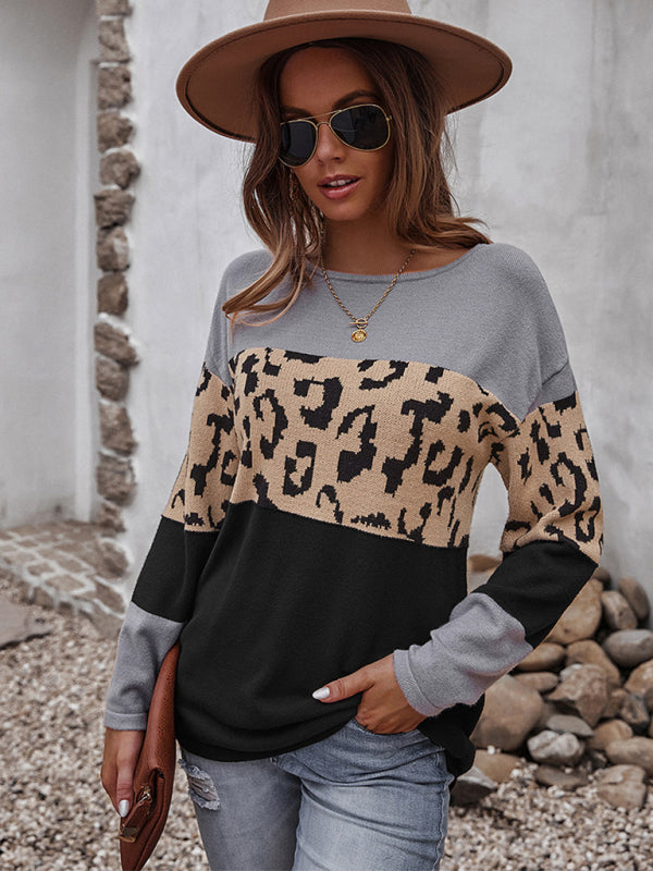Women's Leopard Print Sweater Long Sleeve Soft Warm Top Jumper