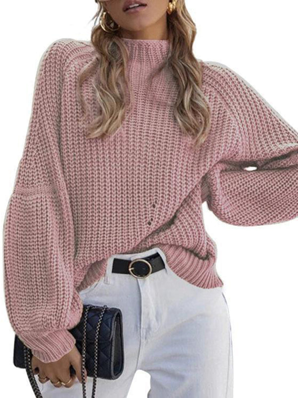 Women's Loose Half Turtleneck Sweater Jumper Pink