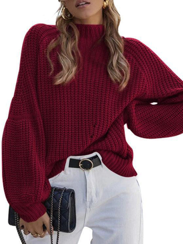 Women's Loose Half Turtleneck Sweater Jumper Wine Red