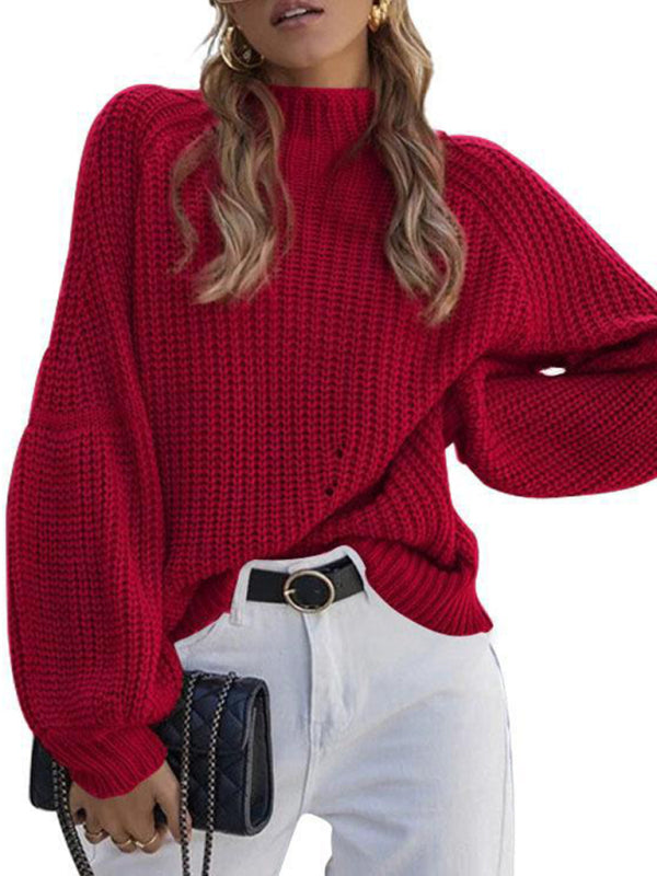 Women's Loose Half Turtleneck Sweater Jumper Red
