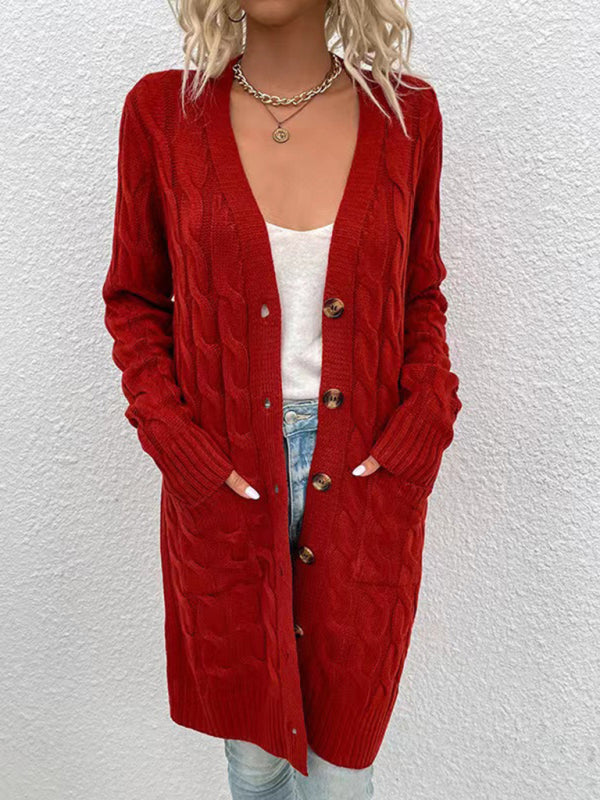Women's Outerwear Button-up Long Single-breasted Casual Cardigan Red