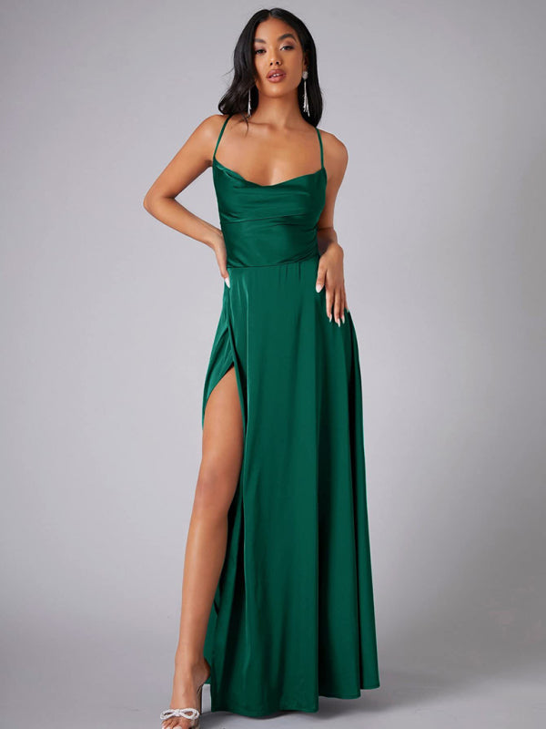 Women's Sexy Slim fit Backless Spaghetti Strap Cowl Neck Dress Green