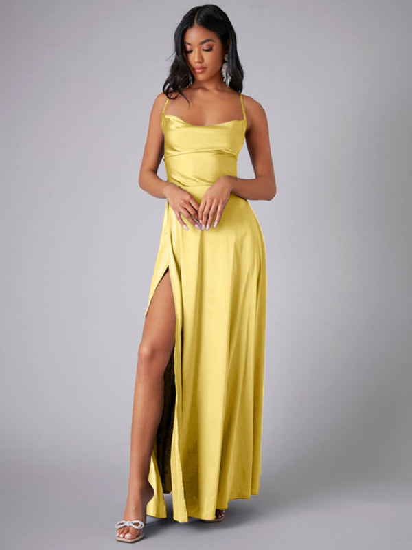Women's Sexy Slim fit Backless Spaghetti Strap Cowl Neck Dress Yellow