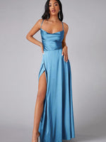 Women's Sexy Slim fit Backless Spaghetti Strap Cowl Neck Dress Sky blue azure