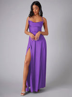 Women's Sexy Slim fit Backless Spaghetti Strap Cowl Neck Dress Purple