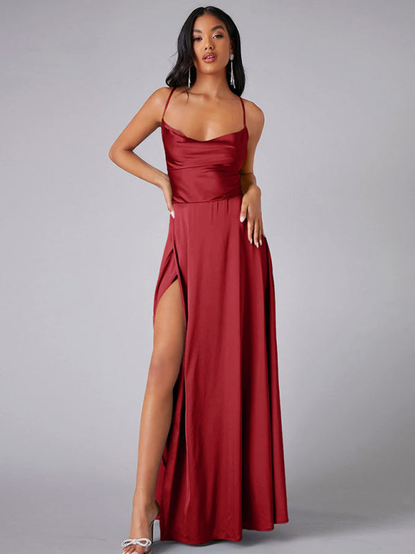 Women's Sexy Slim fit Backless Spaghetti Strap Cowl Neck Dress Red