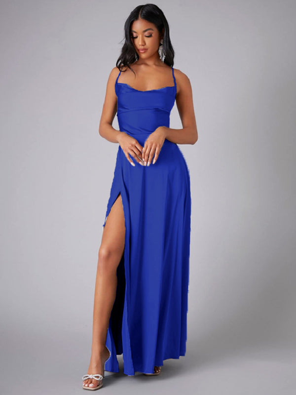 Women's Sexy Slim fit Backless Spaghetti Strap Cowl Neck Dress Blue