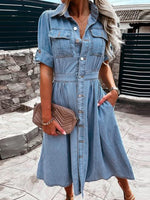Women's Single-breasted Lapel Slim-fit Short-sleeved Summer Denim Dress Blue